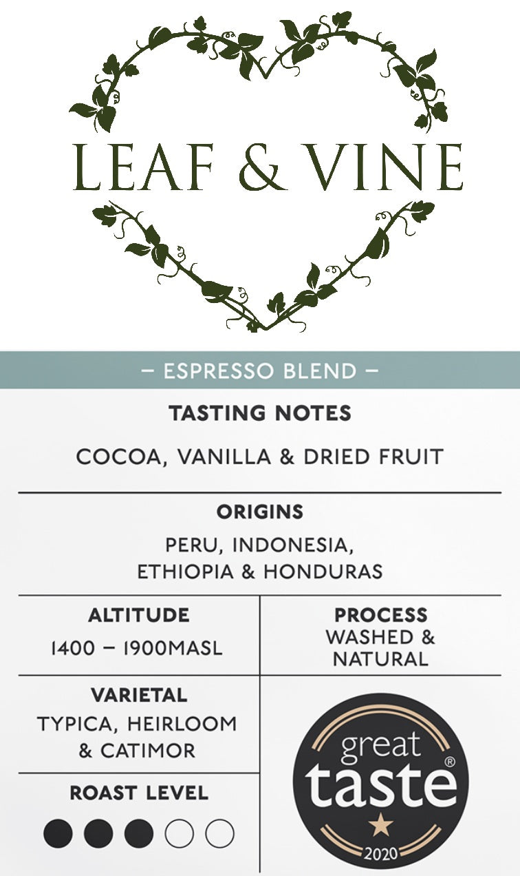 Award Winning Leaf and Vine Supreme Peru Mountain Blend - Bean to Cup - 1kg Bag