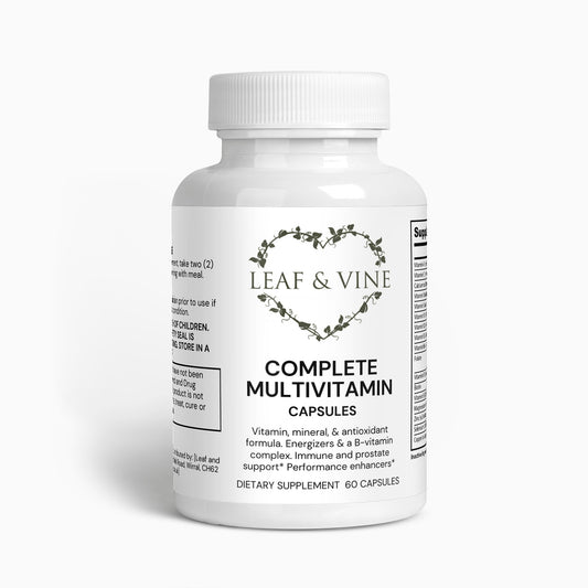 White bottle of Leaf & Vine Complete Multivitamin capsules with a heart-shaped vine logo on the label, containing 60 capsules