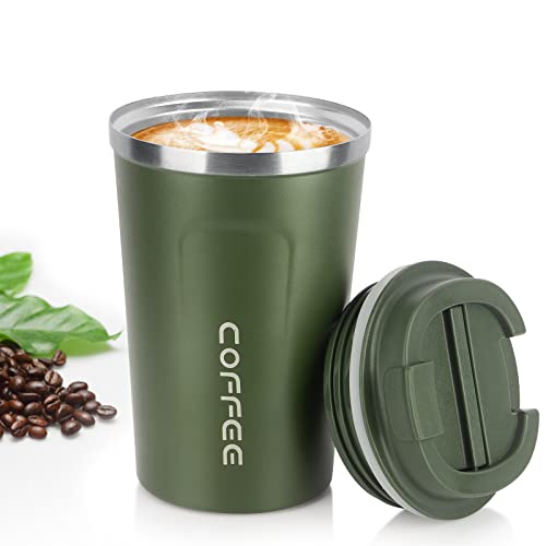 MOMSIV Coffee Cup, 380ml Vacuum Reusable Leakproof Double Wall Coffee Cup, Insulation Stainless Steel Eco-Friendly Travel Office Mug for Hot Coffee Tea and Cold Drinks (Green)